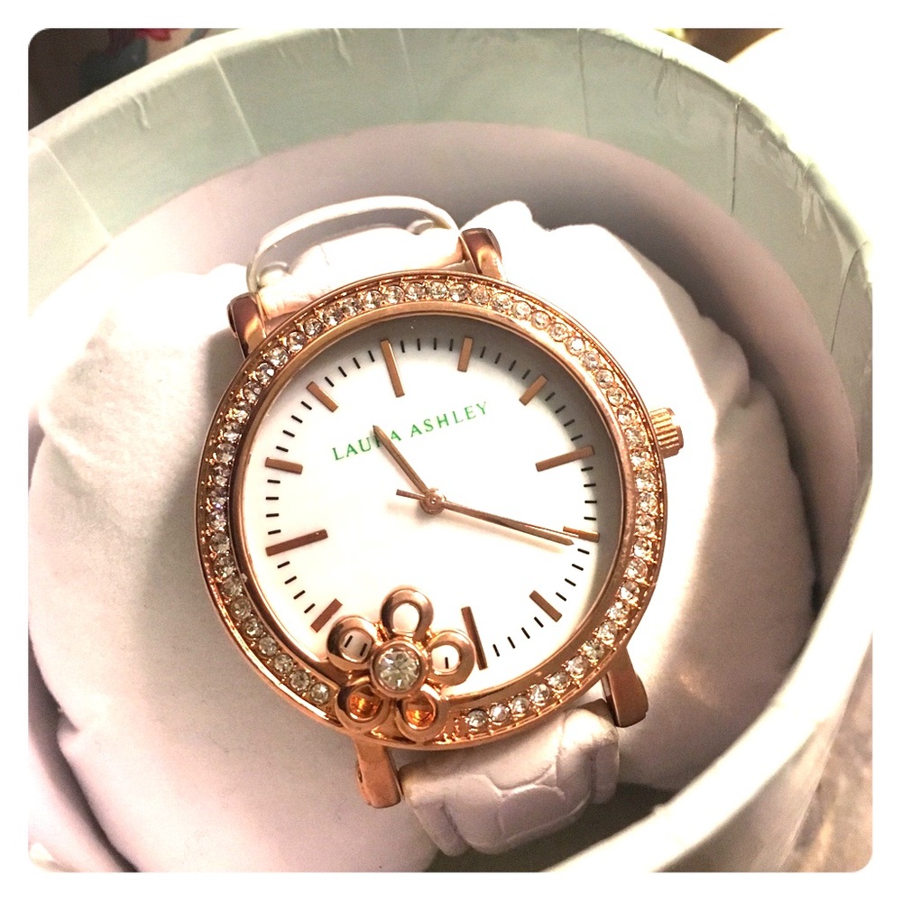 Laura Ashley White Floral Stone Bezel Watch